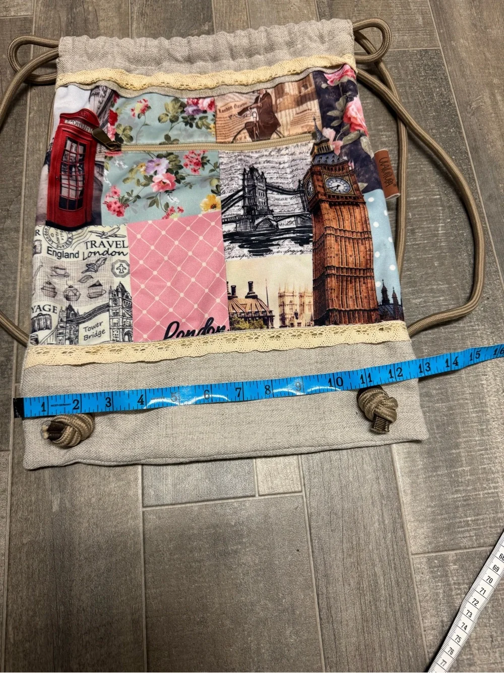 Patchwork Canvas Drawstring Backpack - Beige Multicolor Hippie Zipper Boho Y2K